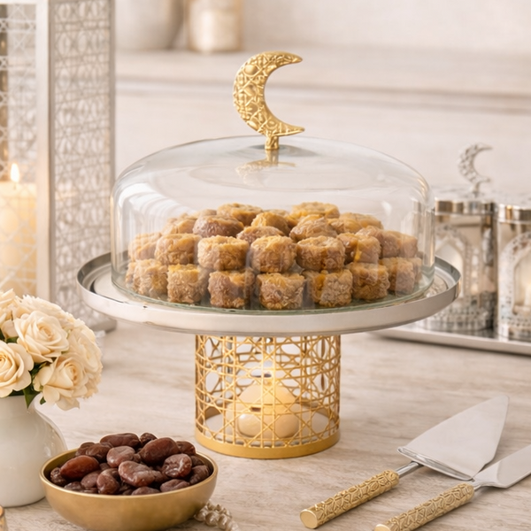 gold cake stand with dome