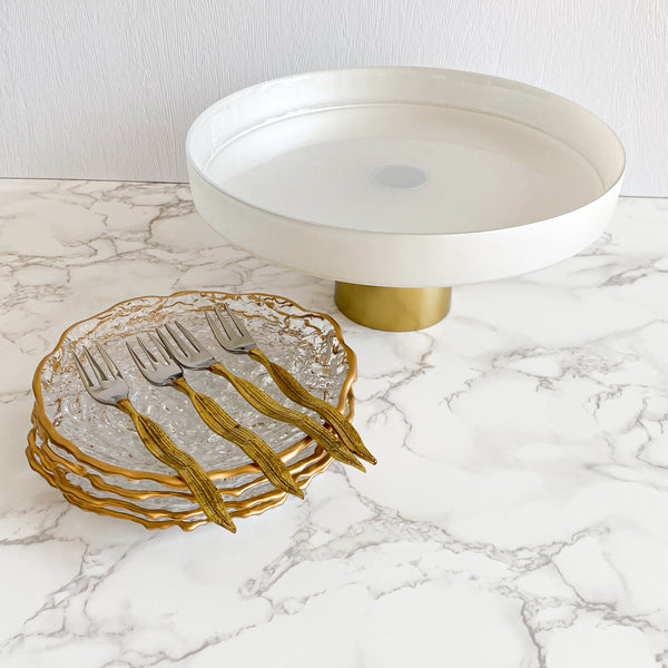 White Glass Cake Plate on Gold Stem